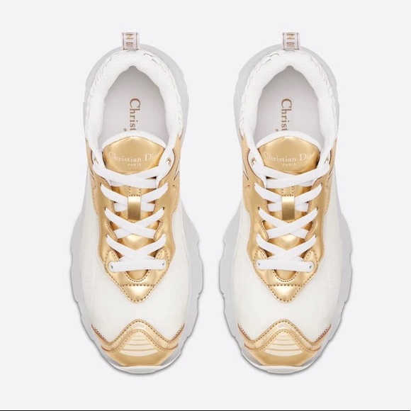 NIB Women’s Authentic Dior Vibe White & Metallic Gold Mesh and Leather Sneakers - Picture 14 of 15